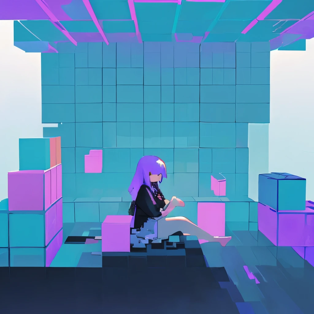 minimalistic girl sitting at the edge of a wall, ((looking into a sea of pixel cubes)), perspective, epic, colorful, cover art, cinematic, (((minimalistic))), trippy