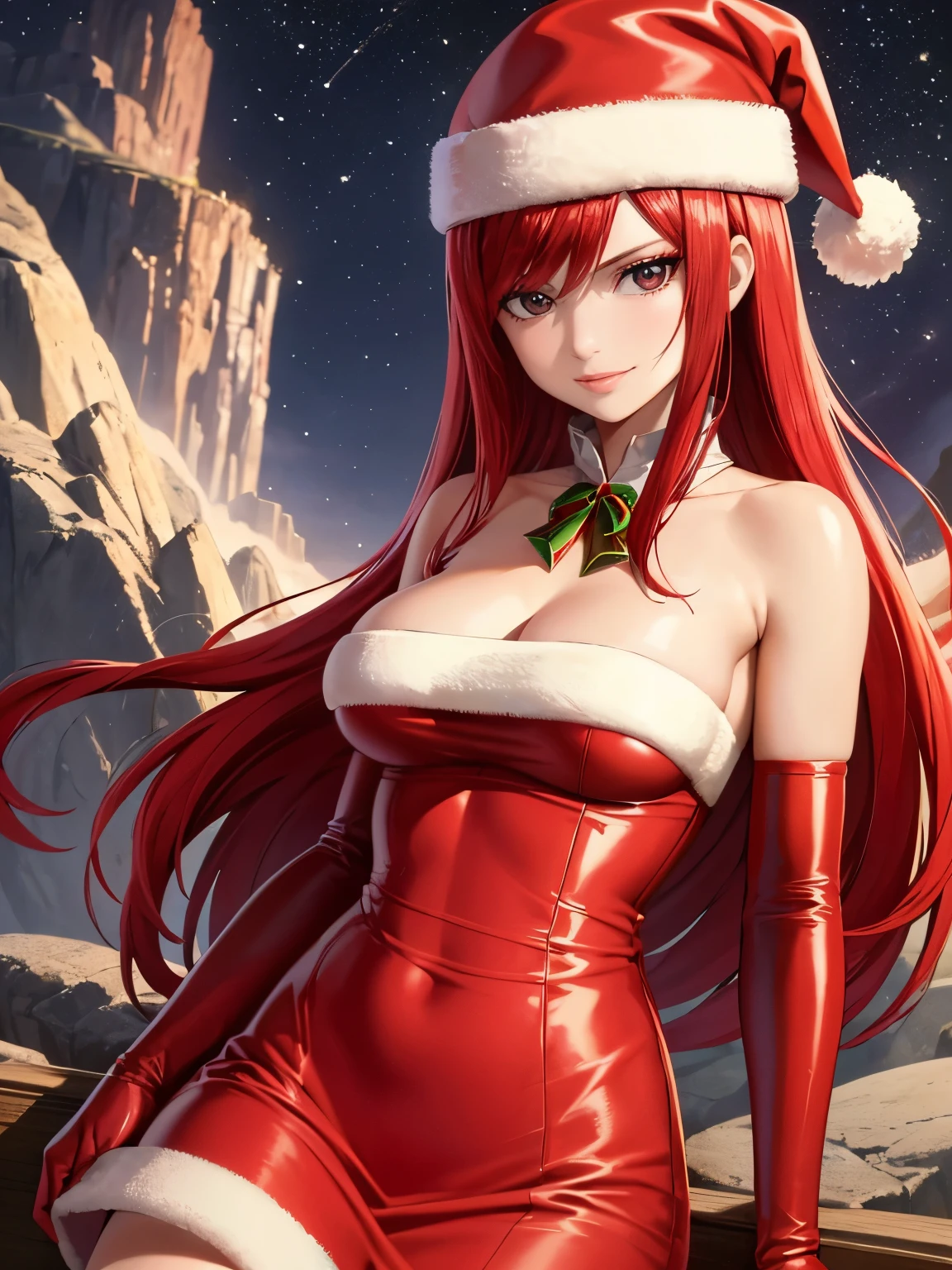 1girl, solo, masterpiece, best quality, high res, highly detailed, (illustration), beautiful detailed eyes,erzascarlet, red hair, long hair, glossy lips, makeup, smile, long white satin elbow gloves, cowboy shot, (santa), red santa dress, santa hat, strapless dress