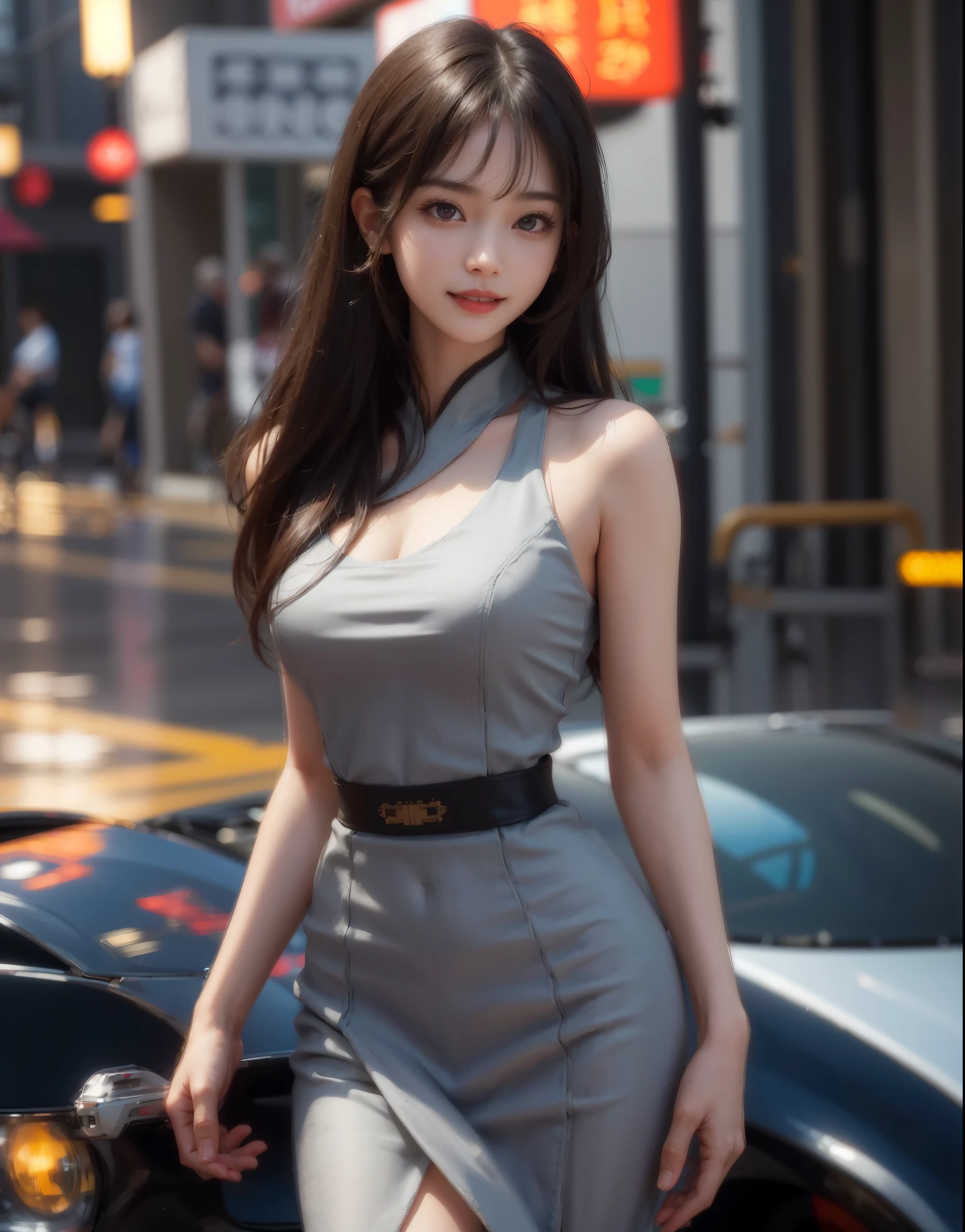 Masterpiece, 1 Beautiful Girl, Detailed, Swollen Eyes, Top Quality, Ultra High Resolution, (Reality: 1.4), Original Photo, 1Girl, Cinematic Lighting, Smiling, Japanese, Asian Beauty, Korean, Clean, Super Beautiful, Young Face, Beautiful Skin, Slender, Cyberpunk Background, (ultra realistic), (high resolution), (8K), (very detailed), (best illustration), (beautifully detailed eyes), (super detailed), (wallpaper), (detailed face), viewer looking, fine detail, detailed face, pureerosfaceace_v1, smiling, 46 point slanted bangs, looking straight ahead, neat clothes, dark colored eyes, clothes sleeveless, body facing front,