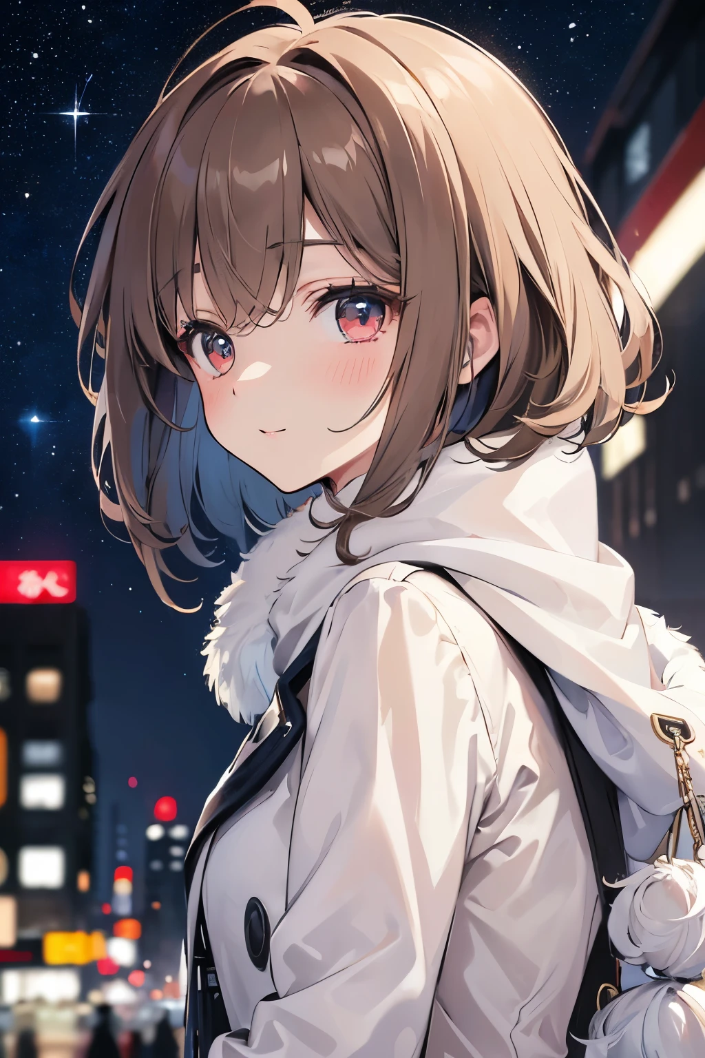 ((masterpiece)), from side, 1girl, solo, (pale brown hair), cute eyes, (messy bob hair), ((Fancy makeup)), (laughing face), blush, White breath, fluffy muffler, coat, looks very cold, neon lights in city, (winter), ((starry sky)), cityscape