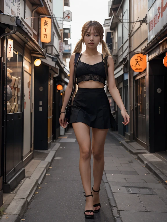 (naruko uzumaki) a short Japanese woman walking down a street in the city of Tokyo, a teenager between  and 17ith blonde hair and blue eyes with twin pigtails with a body similar to that of (rias gremory) dressed in a black lace skirt and a black fabric skirt and a black strappy sleeveless blouse and heelless sandals