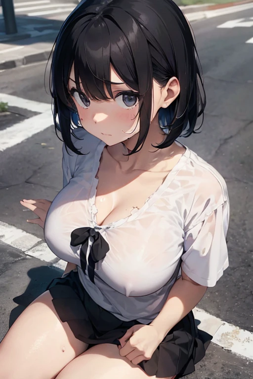 large breasts, white torn shirt , short black hair, sitting on the streets, crying, sad