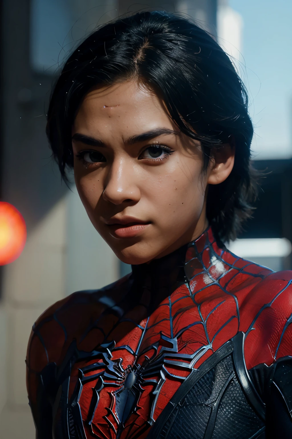 Spiderman Miles Morales,studio ghibli style,detailed eyes,detailed lips,comic book style,retro anime,anime background,surreal lighting,dynamic action,masterpiece:1.2,ultra-detailed,colorful palette,cell shading,beautifully stylized,highres,bokeh,soft focus,HDR,professional,portrait.