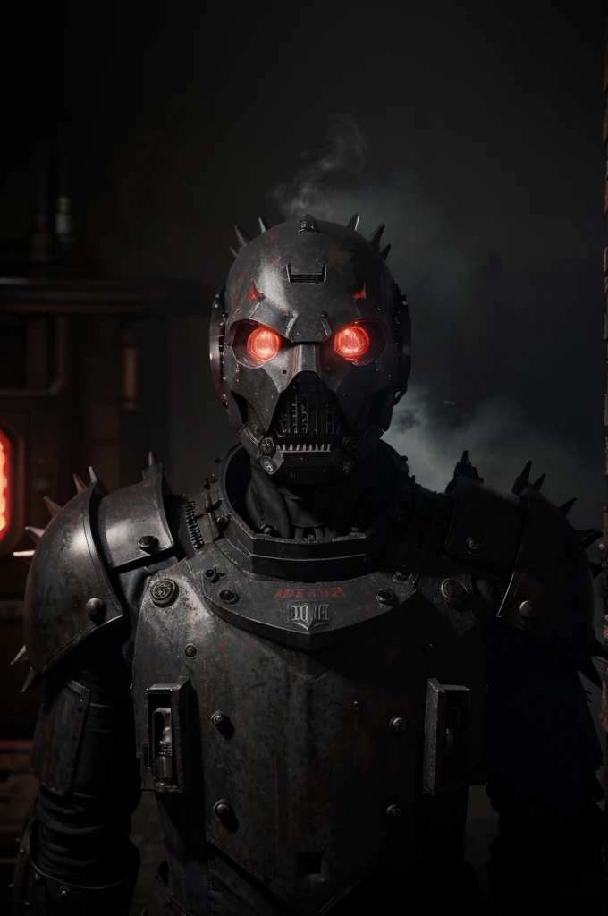 (best quality,highres),gothic robot,armed,extremely detailed,Machine gun,mechanical parts,spiky armor,mysterious atmosphere,red glowing eyes,smoke and steam,war-torn background,noir style,dark color palette,heavy shadows,dramatic lighting