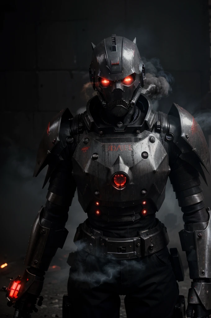 (best quality,highres),gothic robot,armed,extremely detailed,Machine gun,mechanical parts,spiky armor,mysterious atmosphere,red glowing eyes,smoke and steam,war-torn background,noir style,dark color palette,heavy shadows,dramatic lighting