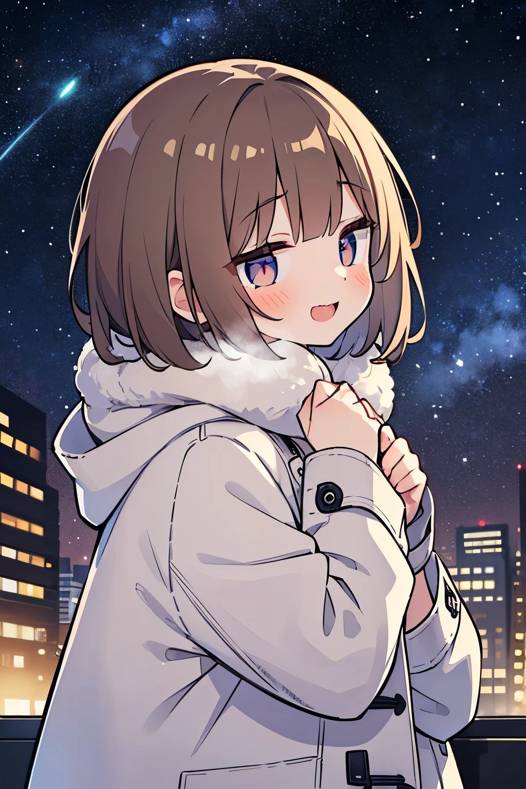 ((masterpiece)), from side, 1girl, solo, (pale brown hair), cute eyes, (messy bob hair), ((Fancy makeup)), (laughing face), blush, White breath, fluffy muffler, coat, looks very cold, neon lights in city, (winter), ((starry sky)), cityscape