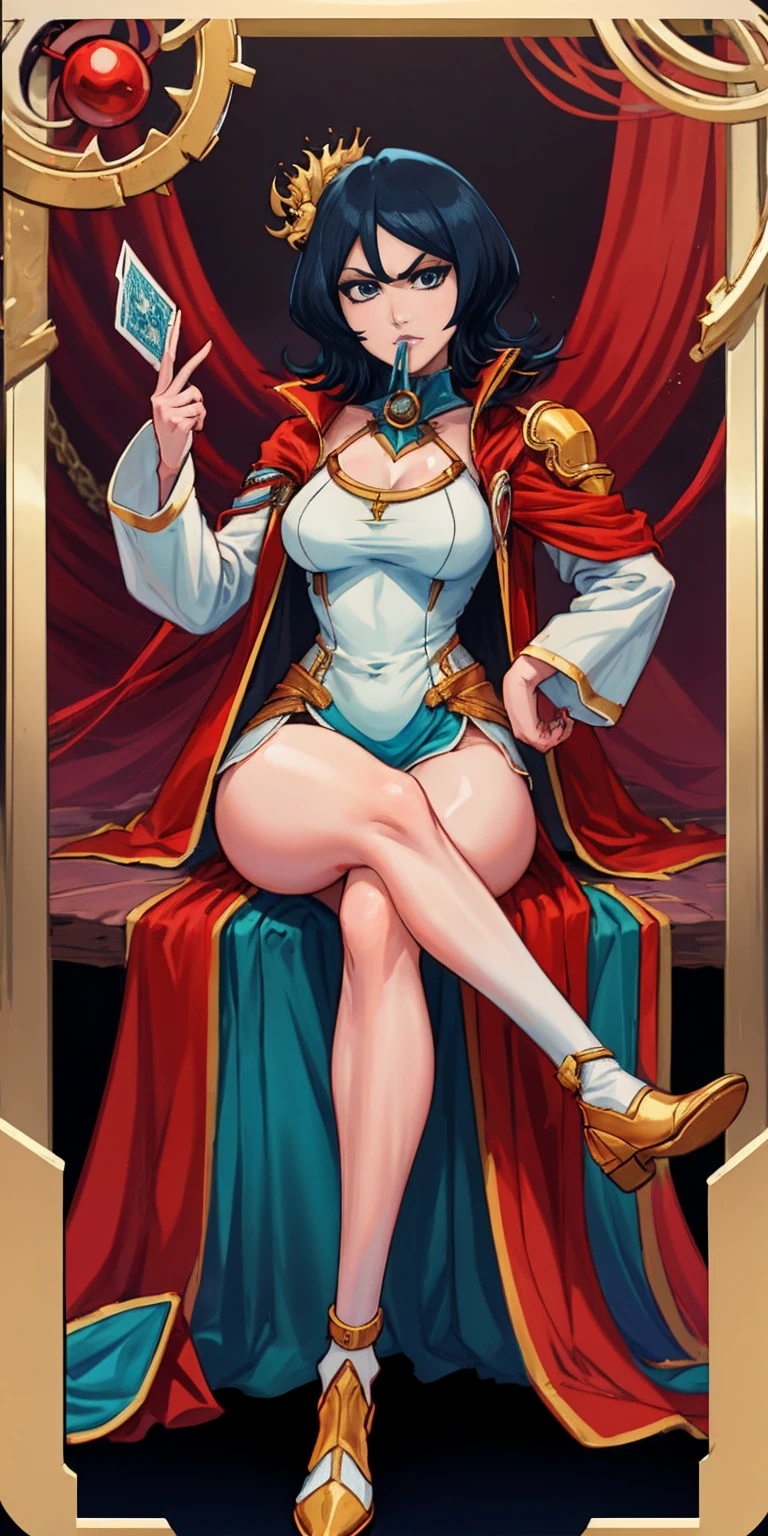 full body, 1  female, tarot cards (Prominence in Masterpiece, Best Quality: 1.2), solo, 1 girl,aqua, serious, mouth closed, looking at viewer, sitting, legs crossed, big thighs, big breasts,blue hair)