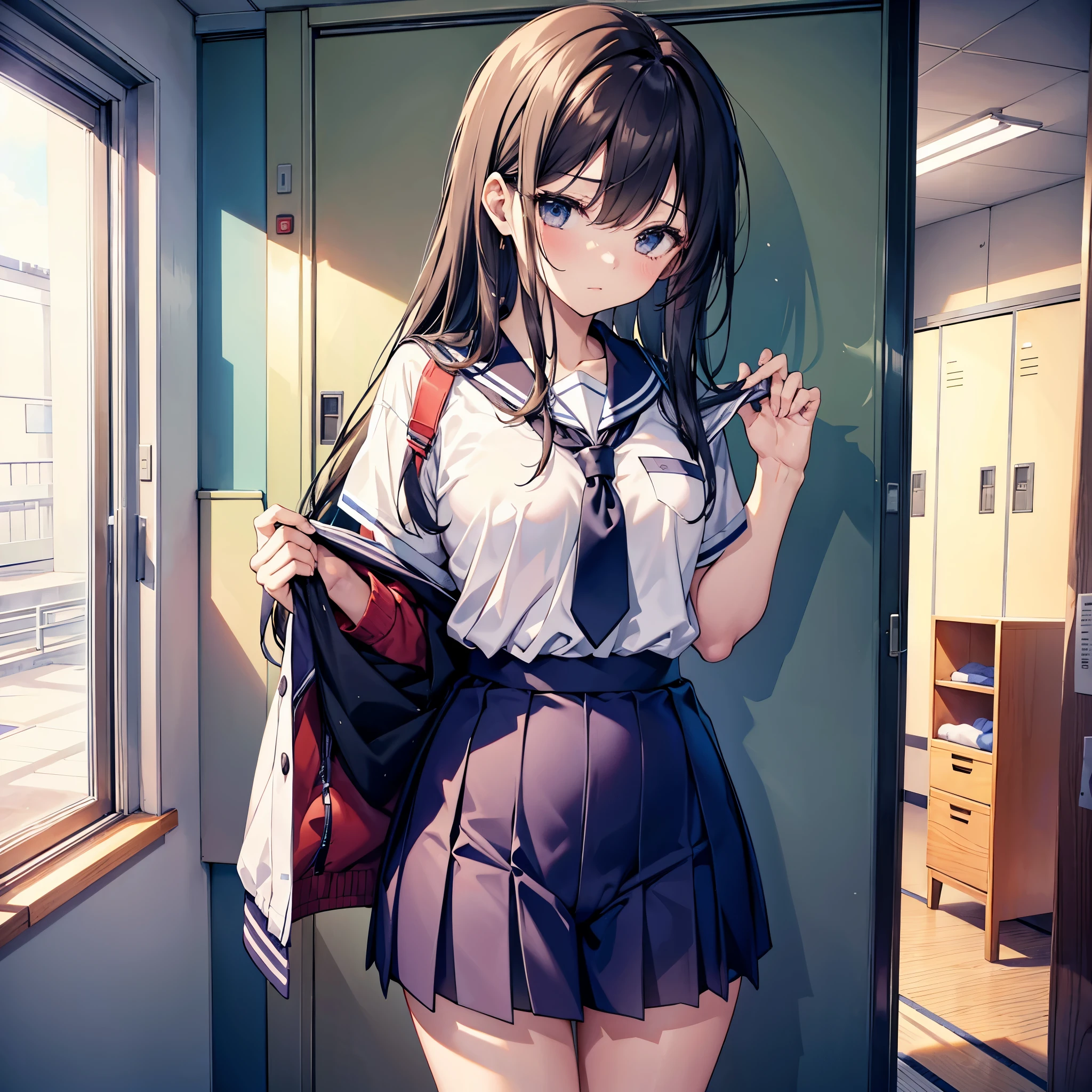 Anime girl in uniform posing in a hallway with a backpack - SeaArt AI