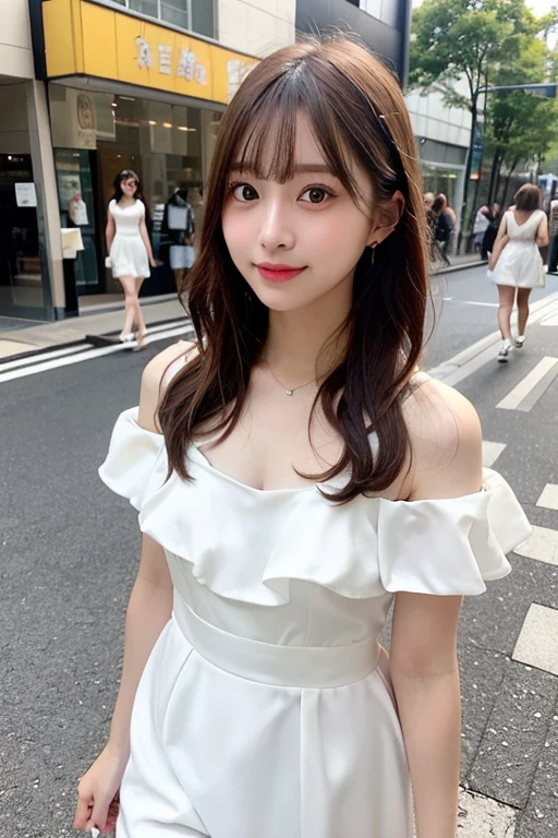 hight resolution, top-quality, Perfect dynamic composition, Beautiful detailed eyes, off shoulders、Radiant hair、Medium Hair, Natural Color Lip, college aged、Harajuku、A slight smil、((walking:1.4))、((white dress:1.5))