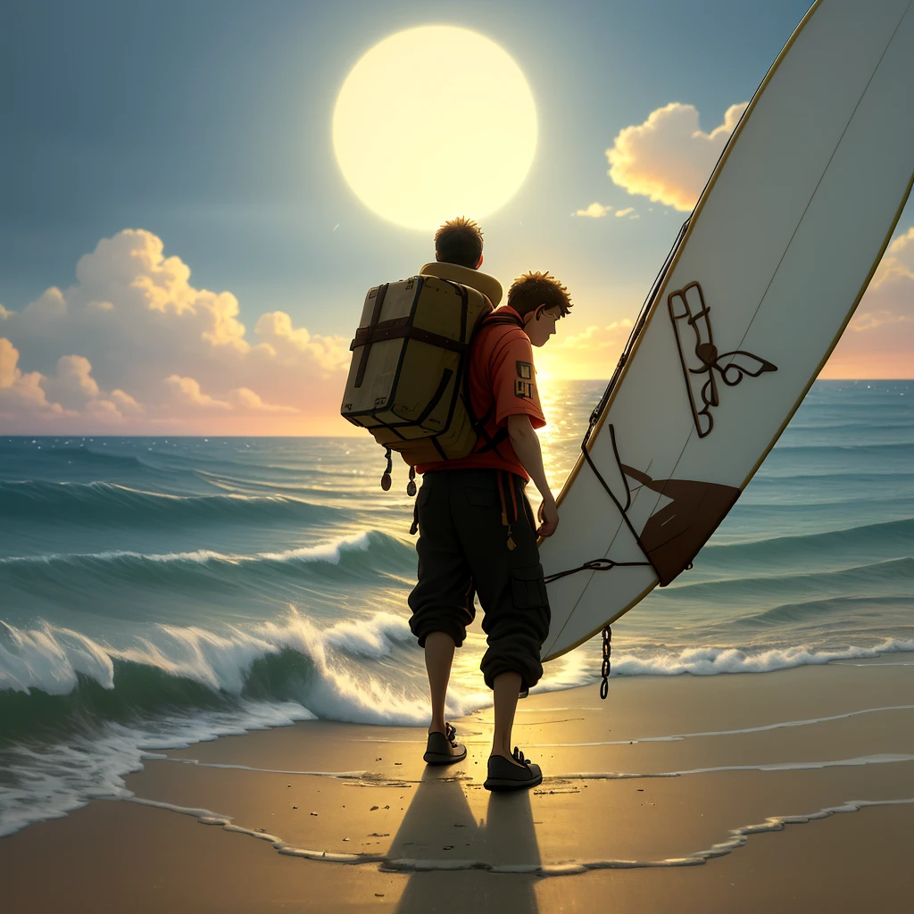 A portrait of a boy musician walking towards the horizon carrying a stack of items symbolizing life's processes in his arms. The obstacles in his path represent challenges as he journeys determinedly towards his dreams. In his arms are books piled high, representing knowledge and learning. Audio speakers, headphones and a musical instrument lay balanced atop, symbols of his passion and craft. On top sit a laptop, a surfboard and potted plants - aspirations yet to be achieved. A backpack, money bag and chains represent worldly possessions and responsibilities. Clinging to his back is a small child - those he cares for. Though the load appears heavy and uncomfortable, his determined gaze remains fixed on reaching the horizon, towards opportunities and a brighter future. Generate a thoughtful image that captures this boy's perseverance against adversity through symbolism, as he courageously carries the weight of his ambitions, education and responsibilities - all while maintaining hope and moving steadfastly ahead in his journey towards his dreams.