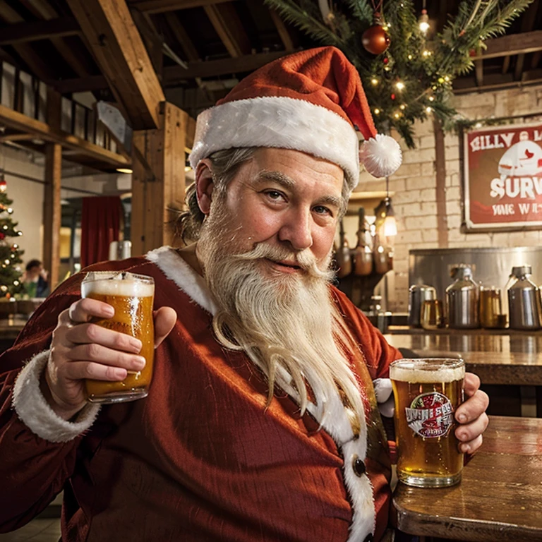 Santa clause,wearing santa suit,fat, jolly,drinking beer, at Brewery,sign "Silver Lake Brewery Project",christmas tree,photorealistic