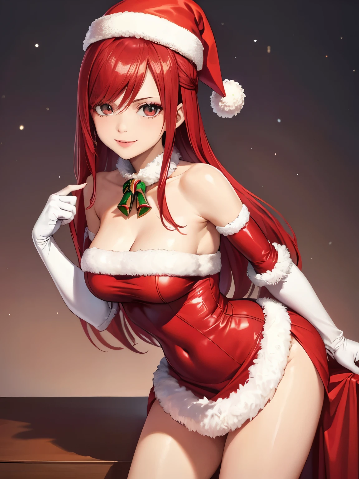 1girl, solo, masterpiece, best quality, high res, highly detailed, (illustration), beautiful detailed eyes,erzascarlet, red hair, long hair, glossy lips, makeup, smile, long white satin elbow gloves, cowboy shot, (santa), red santa dress, santa hat, strapless dress