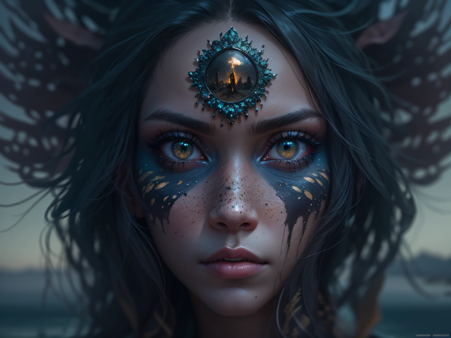 Chalcopyrite Mermaid,moana,golden black make up,longhair,goblin,freckles,pretty face,eyebrow up,full body shot,ominous landscape,glate gray atmosphere,Simon Stalenhag,Nicola Samori,Wangechi Mutu,prime colors,Lisa Frank, ,urban,extremely detailed, [night landscape],masterpiece,intricate details,faded,eyes extremely detailed, high detailed eyes,16k resolution,RAW, Nikon Z9,city on background,chinesse,pixie,sea,under water,RAW,Retina,full body length,Obsidian Chalsedoon Nightcrawler,ominous landscape, niobium Obsidian atmosphere,dangerous atmosphere,intricate details,realistic humid skin,extremely intricate details,Epic Realistic, cinematic style,film grain,dramatic light,anatomically correct,faded,eyes extremely detailed, high detailed eyes,UHD,Retina,HDR,CinematicTechnicolor,natural skin textures, hyper realism, hyper detailed,High contrast,Realism,Ultra Detailed,irina yermolova,close full body shot, masterpiece,faded,8k resolution,RAW, Nikon Z9,Rakotzbrücke of Germany