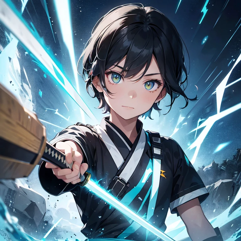 A handsome teenage boy with black hair and electric light blue highlights,yellow eyes, he has an asymmetrical haircut, with slightly longer, tapered strands on the right side, framing his face vibrantly, he wears a blue haori with lightning pattern, a brown uniform at the bottom of the Haori and has a Katana with a sea green blade and a black base, the katana is stored in a sheath.
