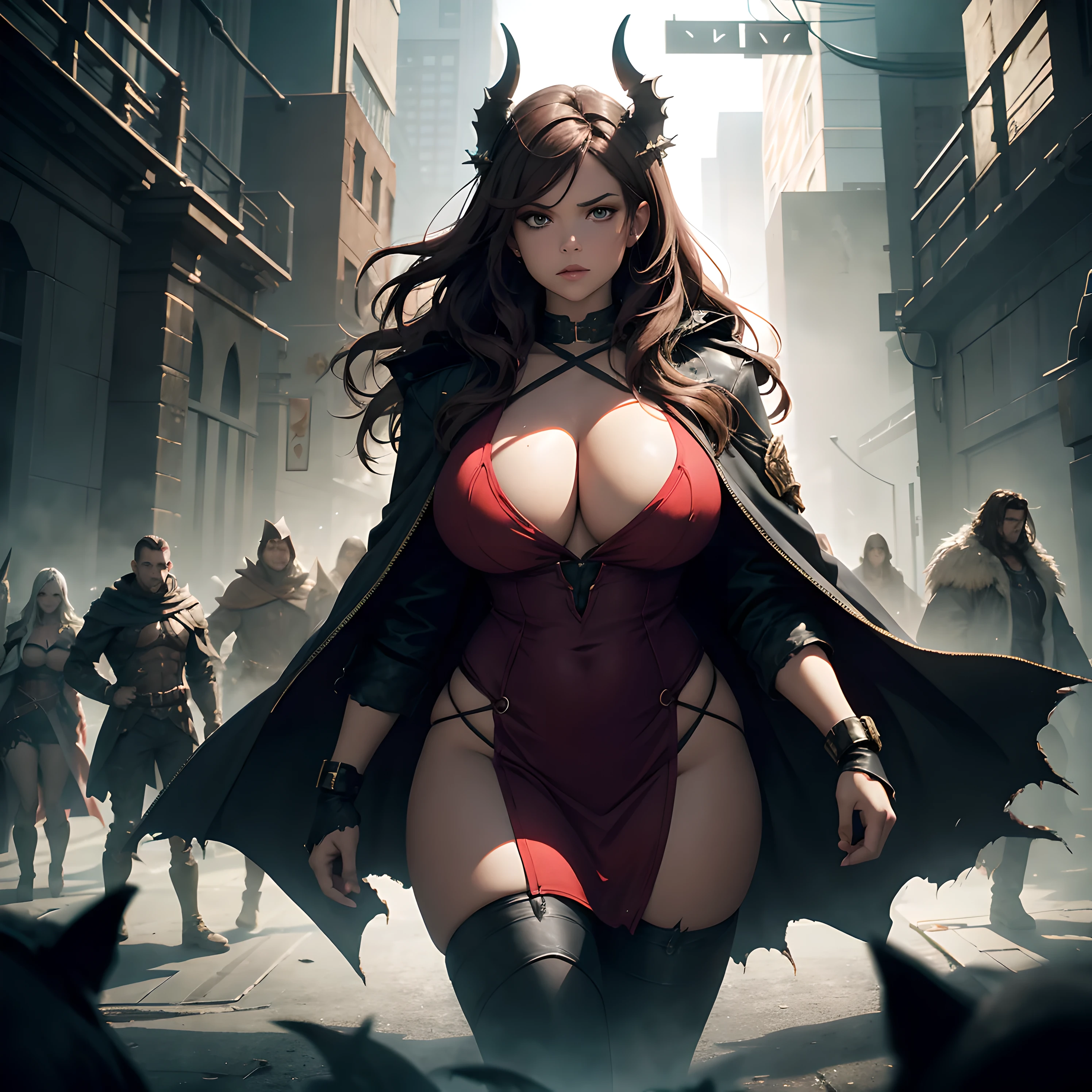 Fantasy, cinematic medium shot, A horde of monsters stands in a circle around a woman with a curvy body, her clothes are torn, she is frightened, night, foggy, dark, Masterpiece, Cinematic Lighting, indirect lighting
