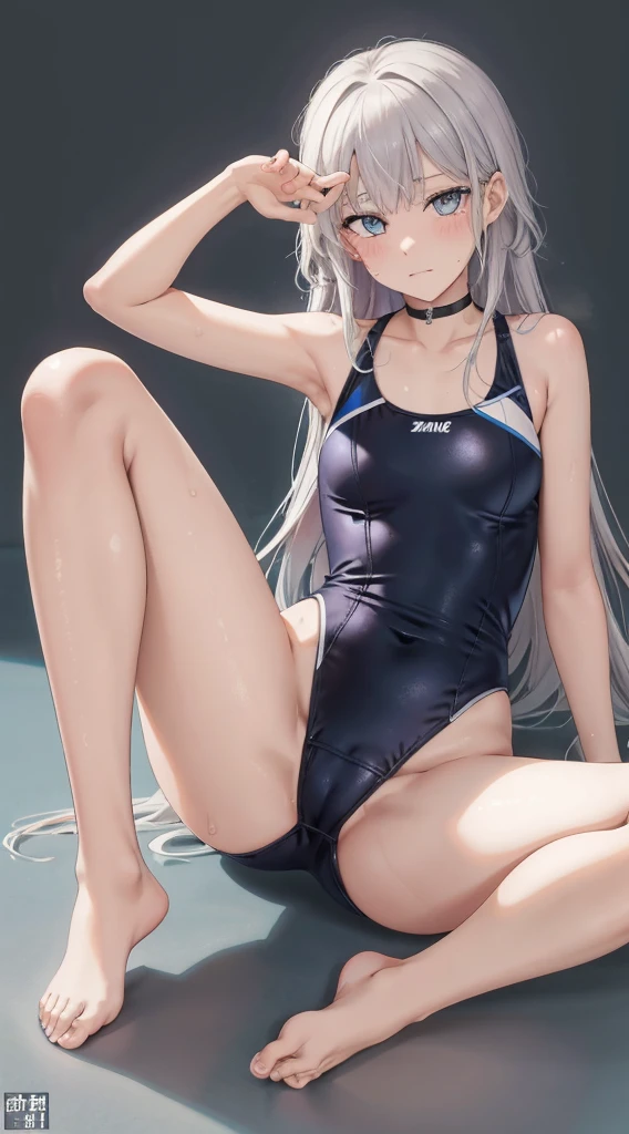 独奏, 美丽的面容, straddle, ​masterpiece, top-quality, 8K, Raw foto, absurderes, Cute  s, A slender, silber hair, School swim wear, frombelow, Look at viewers, (perspiringだらけ, shinny skin:0.6), (irate, anguish, mournful, Breathless:0.3), Navy One Piece Swimsuit, sloped shoulder, Small waist, thin arm, , thick thight, perky butt, Photorealsitic, film grains, chromatic abberation, hight resolution, ultra-detailliert, finely detail, Detailed eyes, face and skin、Dynamic lighting、Dramatic Lighting、Sharp pupils、Realistic pupils、(simple background、Dull blue background、humidity:1.5)、Painful、agony、perspiring、profusely、[[Open legs、Spread your legs apart]]、、Tears