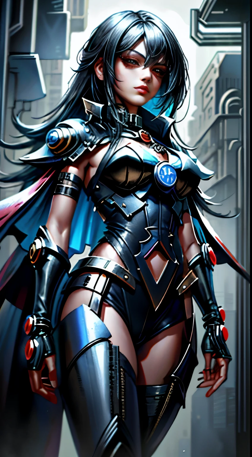 Dark magician gils cyberpunk version. Cabello rubio y largo 1:1. Ojos azules, labios rojos, traje de metal y cuero colores oscuros, dynamic pose, Cuerpo completo viendo a un costado. Fondo de cuidado futurista. Alta Calidad.