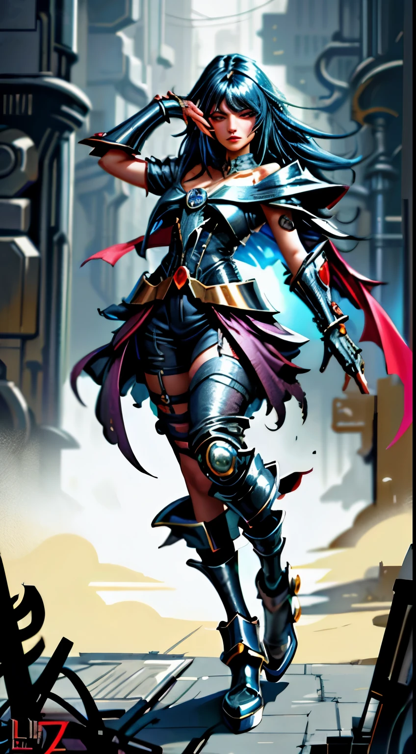 Dark magician gils cyberpunk version. Cabello rubio y largo 1:1. Ojos azules, labios rojos, traje de metal y cuero colores oscuros, dynamic pose, Cuerpo completo viendo a un costado. Fondo de cuidado futurista. Alta Calidad.