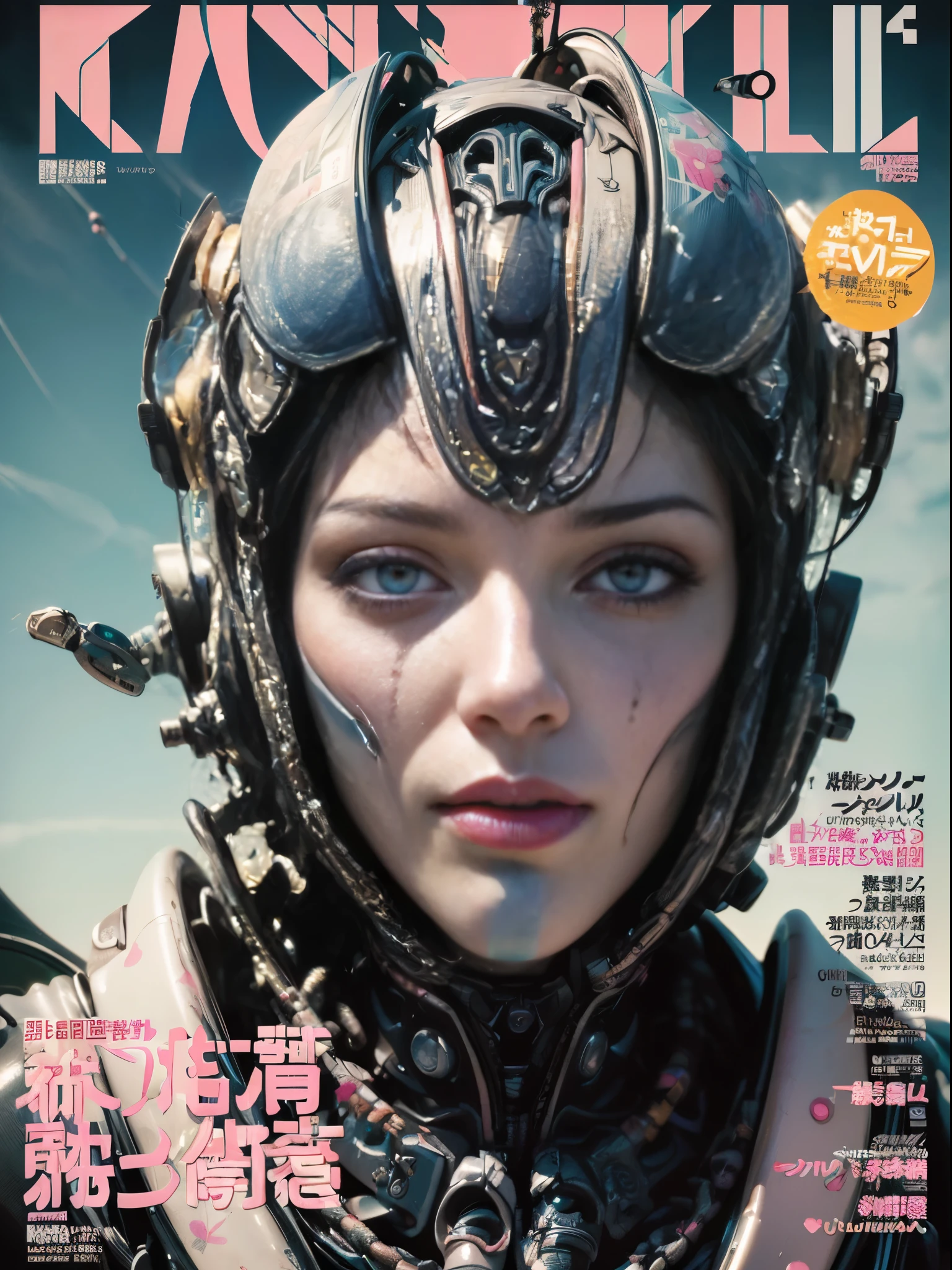Flowing_contour biomechanical__cybernetic_airbrush___Strange__(((Japanese Harajuku style Fashion_((colorful Magazine_cover))__art_decor_Border)))__porcelain_and_Platinum / Futuristic Cyberpunk woman with porcelain skin, cybernetic implants.