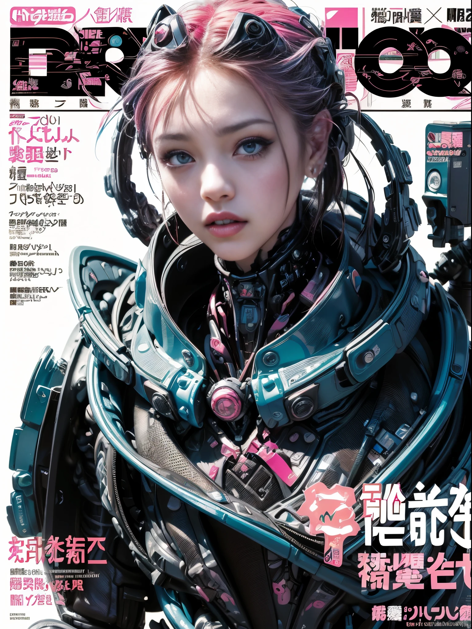 Flowing_contour biomechanical__cybernetic_airbrush___Strange__(((Japanese Harajuku style Fashion_((colorful Magazine_cover))__art_decor_Border)))__porcelain_and_Platinum / Futuristic Cyberpunk woman with porcelain skin, cybernetic implants.