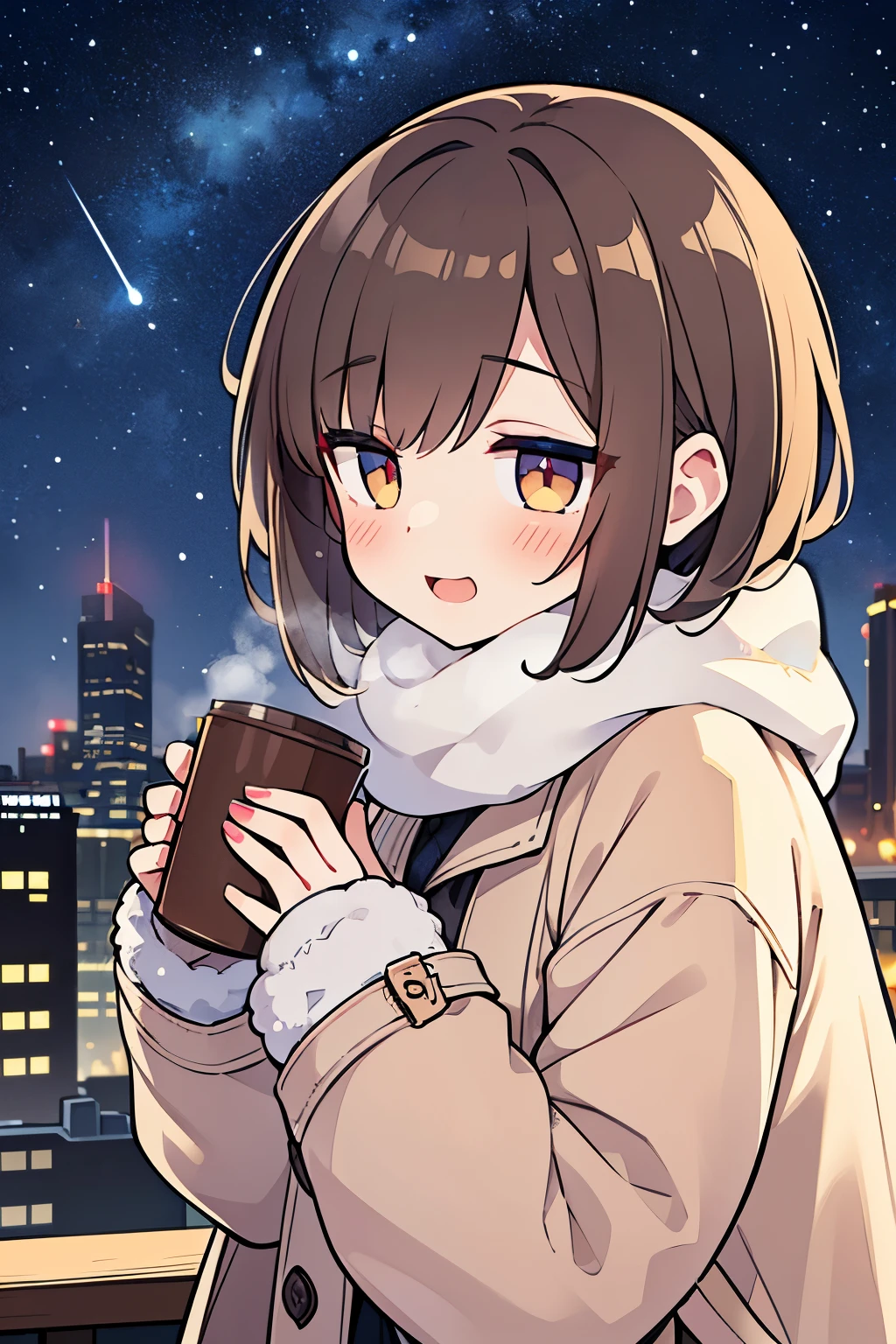 ((masterpiece)), from side, 1girl, solo, (pale brown hair), cute eyes, (messy bob hair), ((Fancy makeup)), (laughing face), blush, White breath, fluffy muffler, coat, looks very cold, neon lights in city, (winter), ((starry sky)), cityscape, (hot coffee)