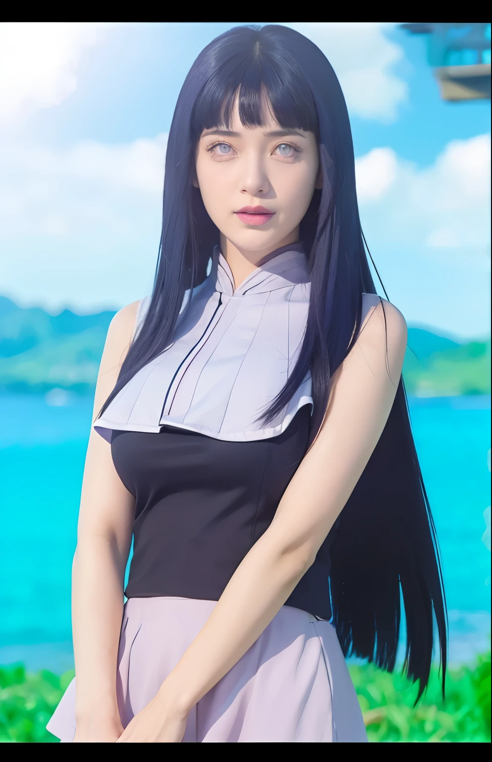 (RAW Photo:1,2), (masterpiece:1,3), hinata\(boruto), 1girl, solo, young female, (best quality:1,4), ultra high resolution, 8k, top quality, (realistic, photo-realistic:1.37), ultra-detailed, best quality, ultra-high resolution, professional lighting, physically-based rendering, sharp focus, good composition, (bokeh:1.2), (full body), outdoors, looking at viewer, perfect composition, detailed lips, big breast, beautiful face, body propotion, blush, (pink lips), ((long hair)), (purple eyes), soft gaze, sad smile, super realistic, detailed, photoshoot, realistic face and body, realistic hair, realistic eyes, realistic nose, realistic lips, (((dark blue hair))), 25 years old girl,