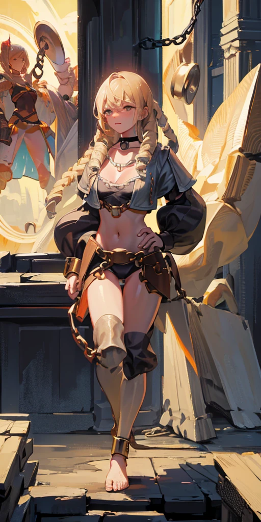 full body, barefoot, solo, female, big breast ,linen tunic, fantasy village, armor, Handcuffs on their hands, With a collar around the neck, hands on hips, slave, ((black choker, shackles on legs and arms)),