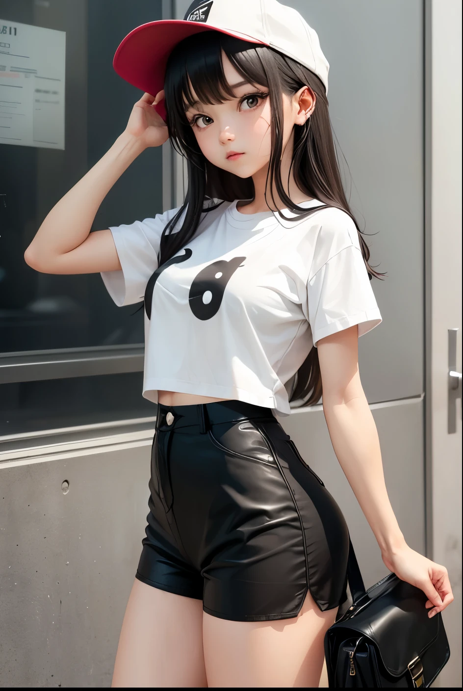 cute girl, White short-sleeved shirt, wide black shorts,