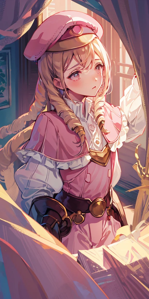masterpiece, best quality, feforrest, otoko no ko, beret, pink capelet, pink tunic, white pants, brown gloves, upper body, looking at viewer, shy, from above, mansion, room, finely decorated room, pink theme