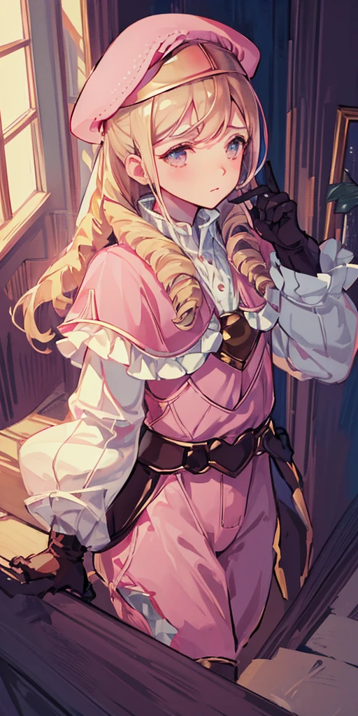 masterpiece, best quality, feforrest, otoko no ko, beret, pink capelet, pink tunic, white pants, brown gloves, upper body, looking at viewer, shy, from above, mansion, room, finely decorated room, pink theme
