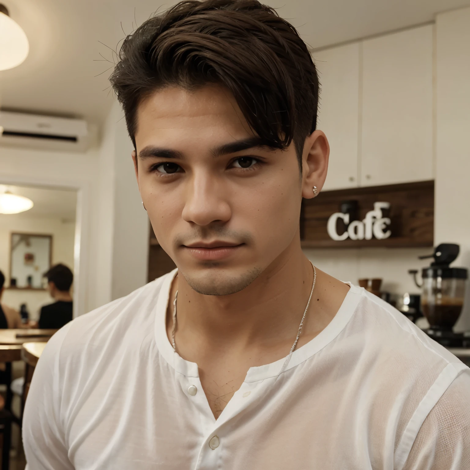Chico joven blanco flaco de pelo corto cafe con ojos cafes