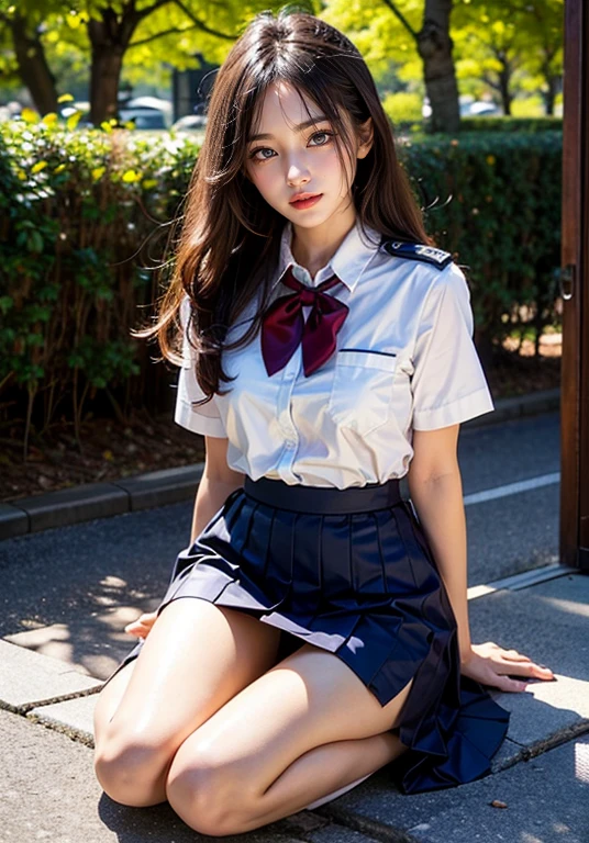 (8K High Resolution), (top-quality), (Raw quality),(masutepiece:1.2), (realisitic), (Photorealistic:1.37), ,Large eyes,long eyeslashes,（実写のrealisiticなスタイル）,The Ultimate Face,realisiticな光と影,Clear facial features,,Fair skin, ）,Best portraits,Shooting at close range, 1 rapariga, Cute,Beautiful detailed eyes,highlydetailed skin,(Beautiful face with double eyelids), (realisitic度: 1.4),((Full body image))  ,Detailed and beautiful face,,Women around 20 years old,(Beautiful Face 1.4),Middle hair,((Japan schoolgirl in uniform)),(Make eye contact with your audience),red lipsticks,Limping around the eyes,(Laugh a little),In a park rich in nature,Sit upright on one knee.,The skirt is rolled up.、Panties look perfect..,Pastel colors panties,I love showing my panties to my viewers,Show your panties to your audience,(Japan schoolgirl uniform),Cute face reflected in the light,red lipsticks,Limping around the eyes,Very beautiful feet are attractive,A very bright world