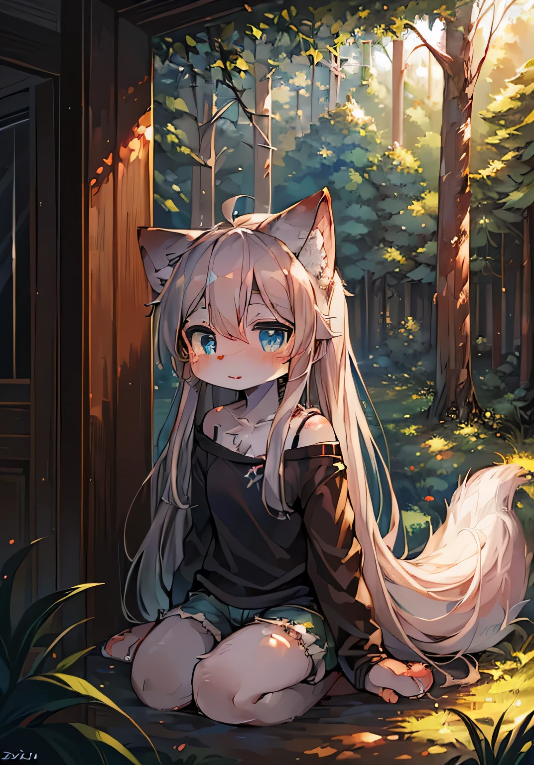 high quality, digital painting \(artwork\), by dagasi, (anthro, fluffy fur), anthro female cat, long hair, portrait, (detailed background:0.7, forest),solo,furry,furry female ,(cat tail, gray fur,blue eyes,gray hair:1.2), (naked, small tits, pussy)