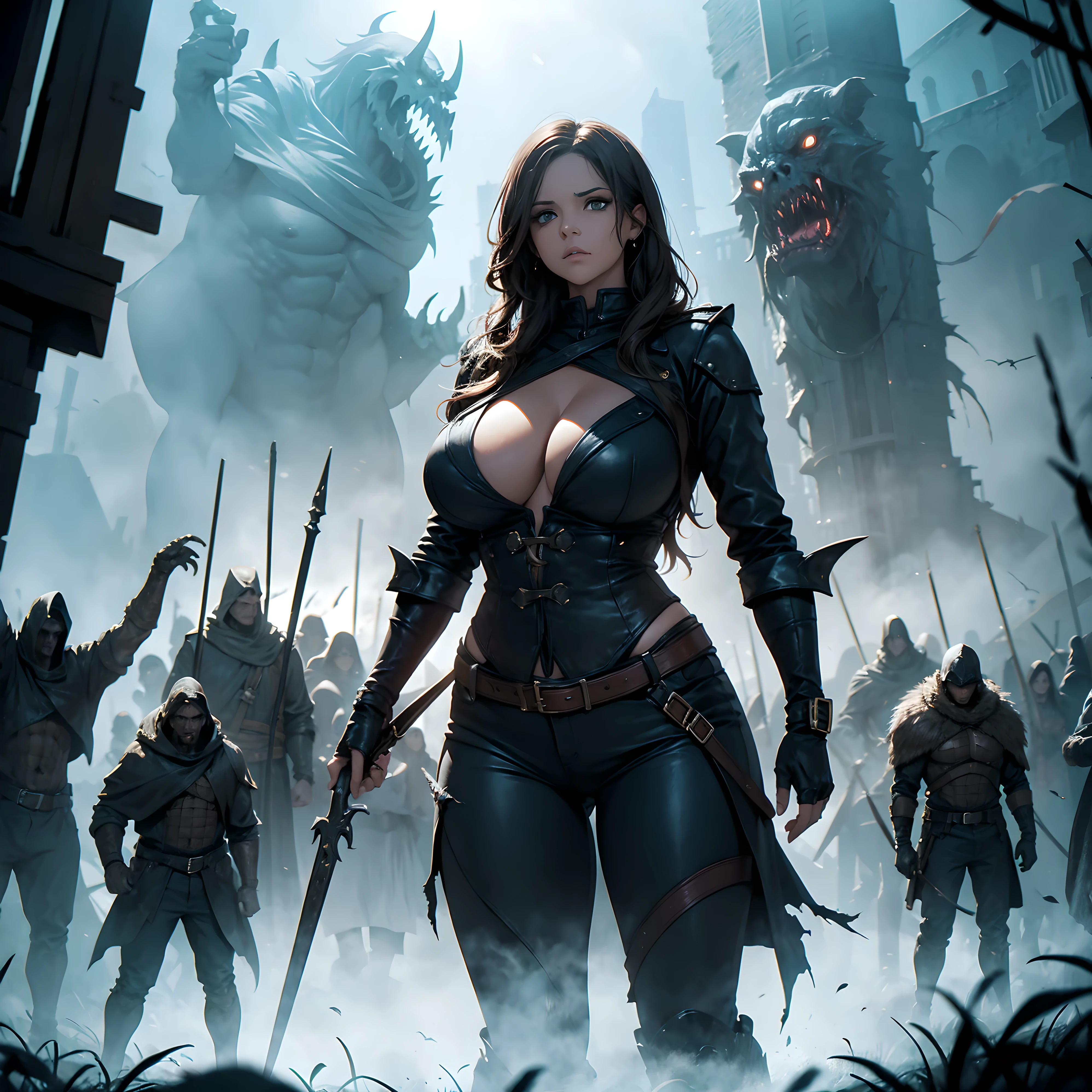 Fantasy, cinematic medium shot, middle-ground: a woman with a curvy body, her clothes are ripped, she is scared, She leads an army of the undead into battle, night, foggy, dark, Masterpiece, Cinematic Lighting, indirect lighting, background: a hord of monsters are following