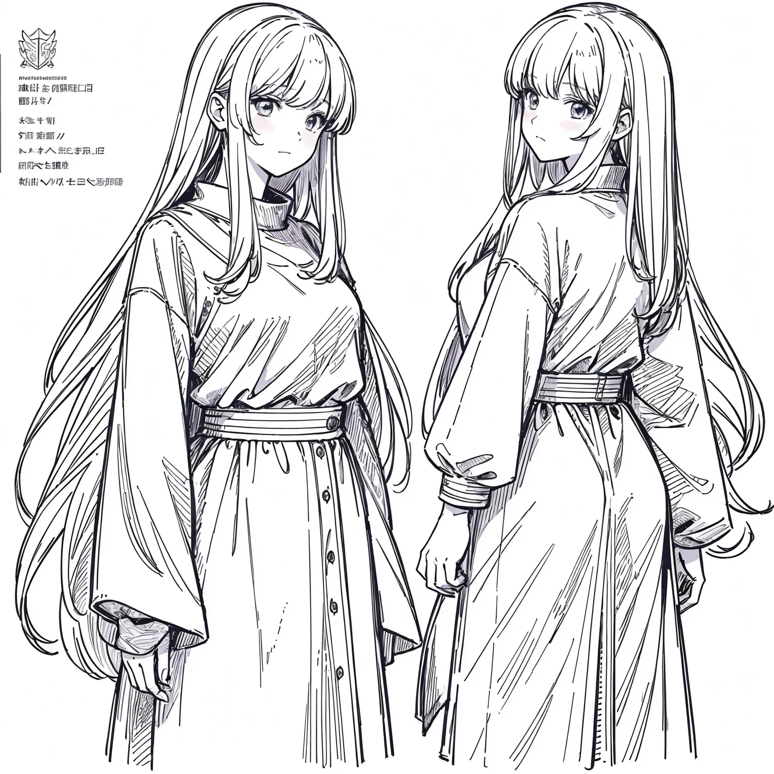 ((masterpiece)),(((best quality))),((((coloring)))),((full colour)),(character design sheet), same character, front, side, back), illustration, (2 girl), hair color, bangs, hairstyle fax, (veteran style), (simple background, white background: 1.3), --6