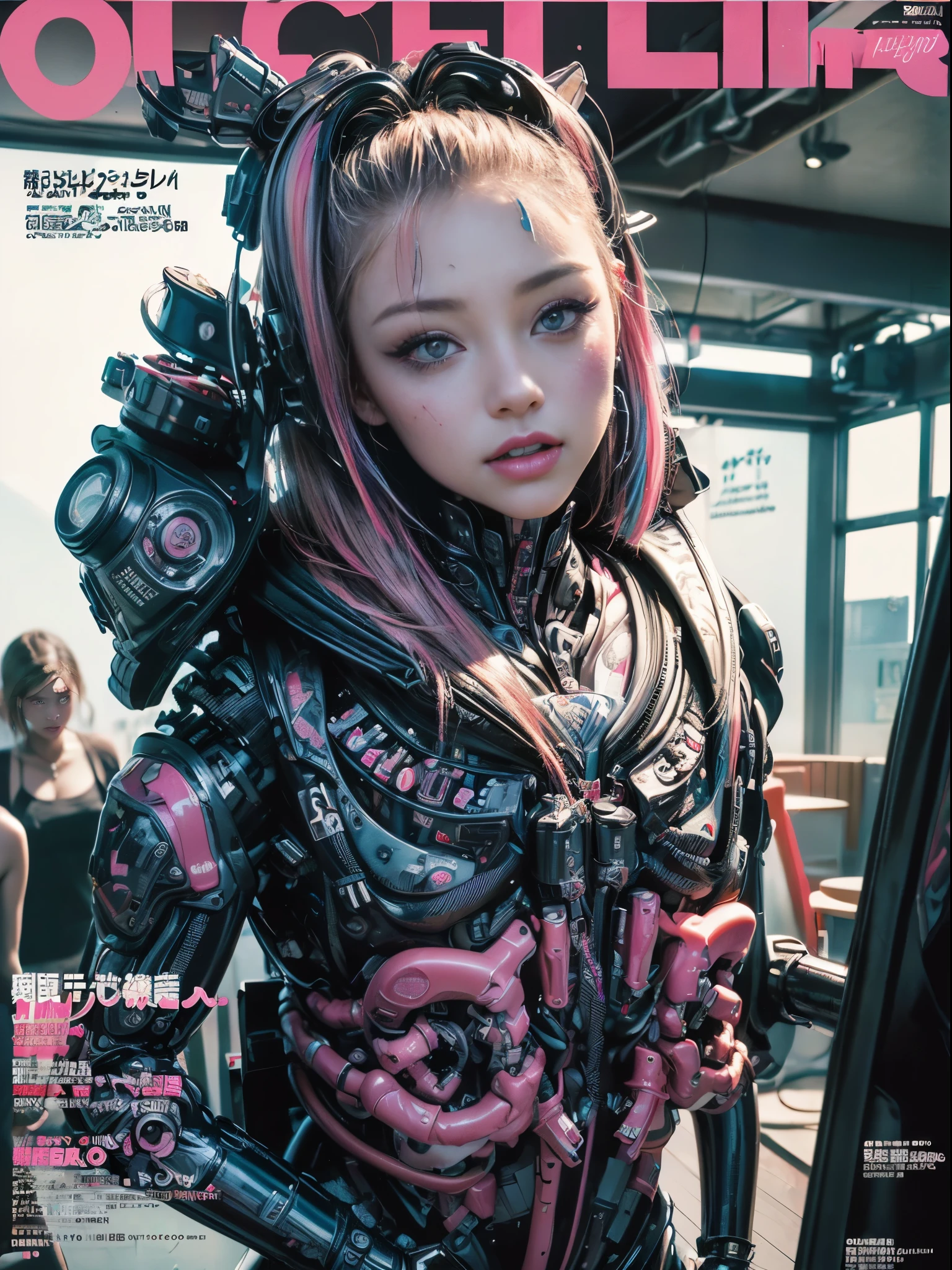 Flowing_contour biomechanical__cybernetic_airbrush___Strange__(((Japanese Harajuku style Fashion_((colorful Magazine_cover))__art_decor_Border)))__porcelain_and_Platinum / Futuristic Cyberpunk woman with porcelain skin, cybernetic implants.