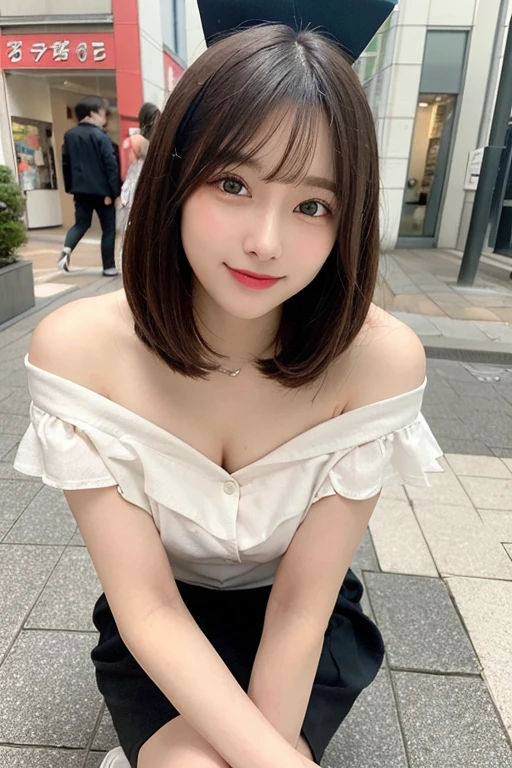 hight resolution, top-quality, Perfect dynamic composition, Beautiful detailed eyes, off shoulders、Radiant hair、straight bob hair, Natural Color Lip, college aged、Harajuku、A slight smil、Crouched figure、M-shaped legs