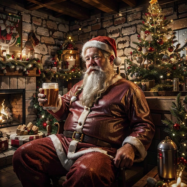 Santa clause,wearing santa suit,fat, jolly,drinking beer, at Brewery,sign "Silver Lake Brewery Project",christmas tree,to all a good night,fire place, with elves,wide shot,photorealistic