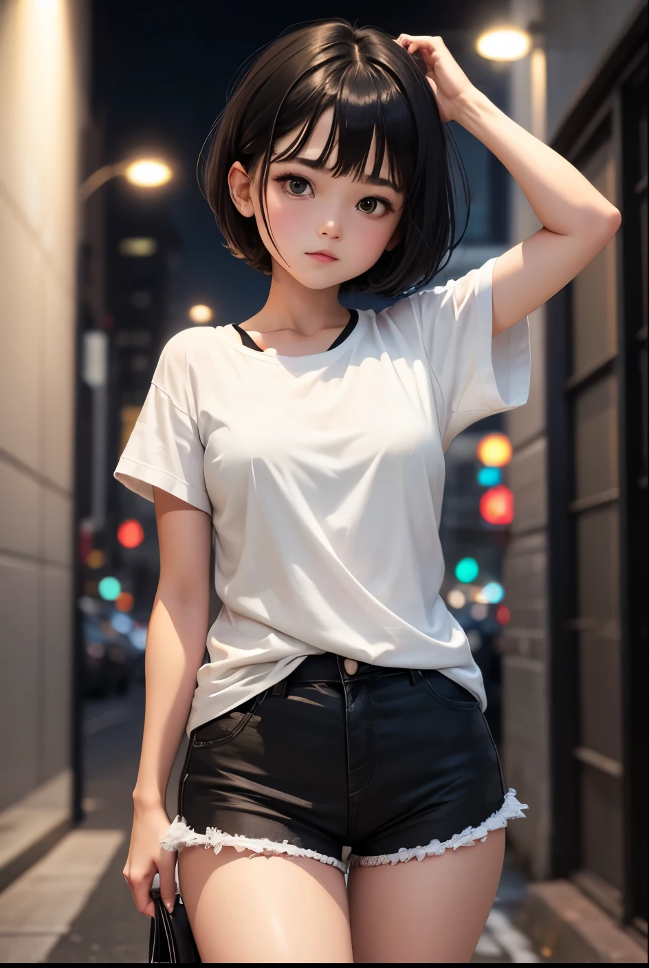 cute girl, White short-sleeved shirt, wide black shorts, Short hair, at night