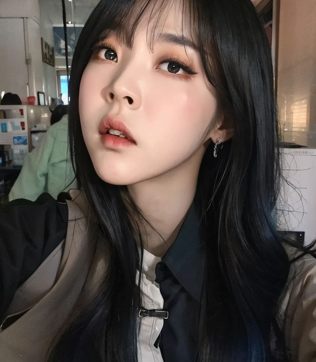 Un primer plano de una mujer con el pelo largo y negro y una camisa negra, she has black hair con flequillo, ulzzang, con flequillo completo, con flequillo, cruel korean goth girl, cabello blackbangs cabello, Flequillo partido en el centro, flequillo largo y recto, Lalisa Manobal, Lalisa Manoban de Blackpink, long hair con flequillo completo