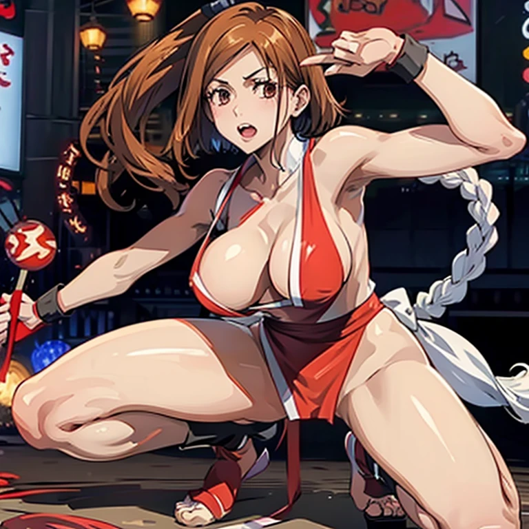 25 years old women、Red loincloth、Bite、large full breasts、Raw feet、Tall、Mai Shiranui's costume、soio