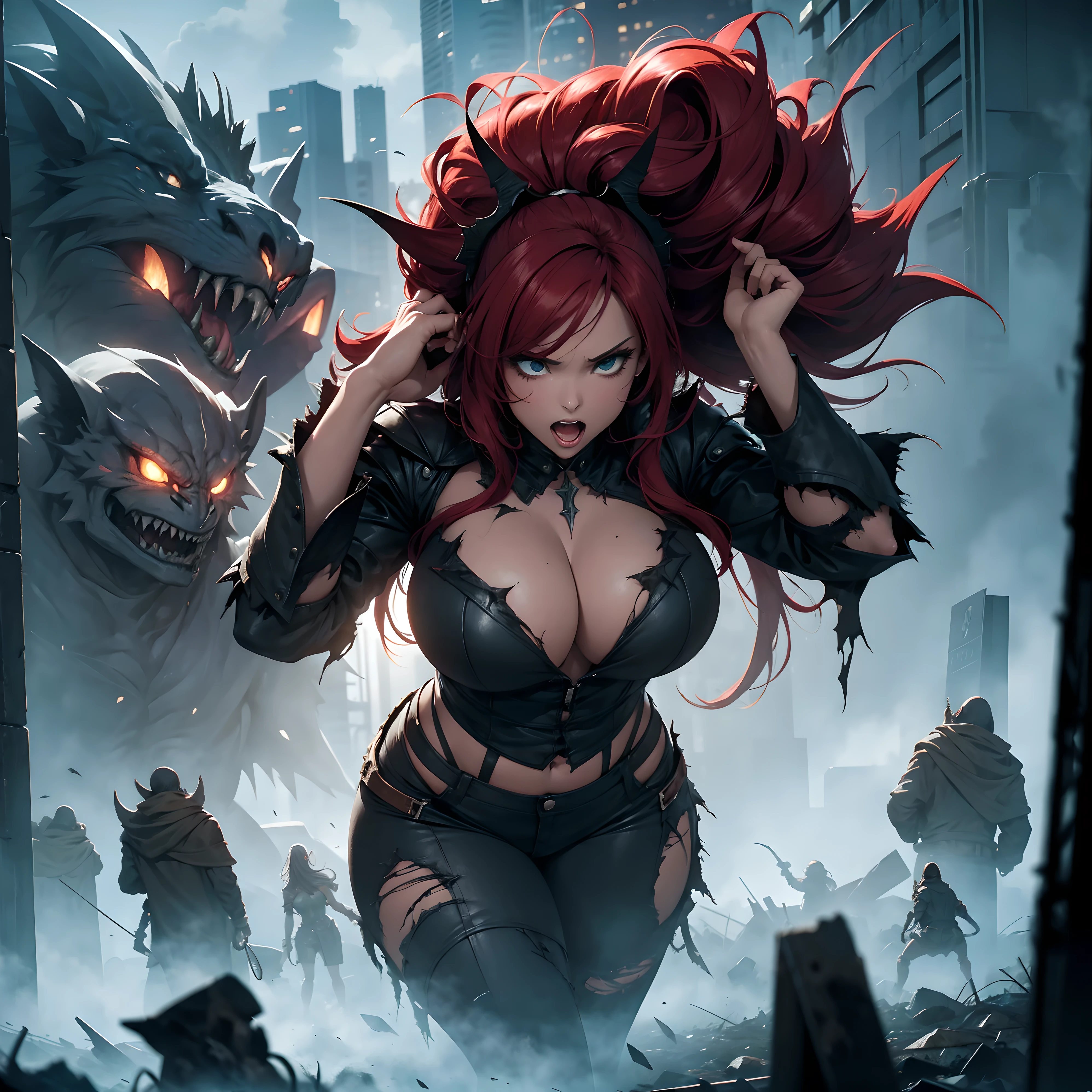Fantasy, cinematic, High angle shot, A horde of monsters stands around a woman with a curvy body, her clothes are ripped apart, she is scared, night, foggy, dark, Masterpiece, Cinematic Lighting, indirect lighting