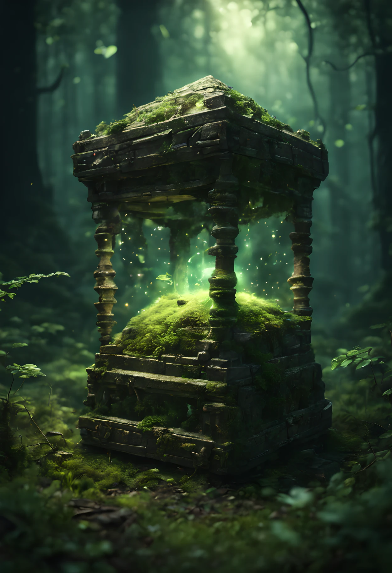 (mysterious ancient relic:1.5) in a deep forest, Glowing particles and small insects fly around,