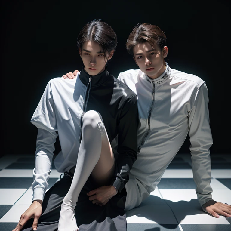 (2boys, masterpiece, beautiful eyes, ballet tights, male crotch bulge, weak androgynous male, chess ballet, checkmate, white lost, black pawn takes white king:1.35)