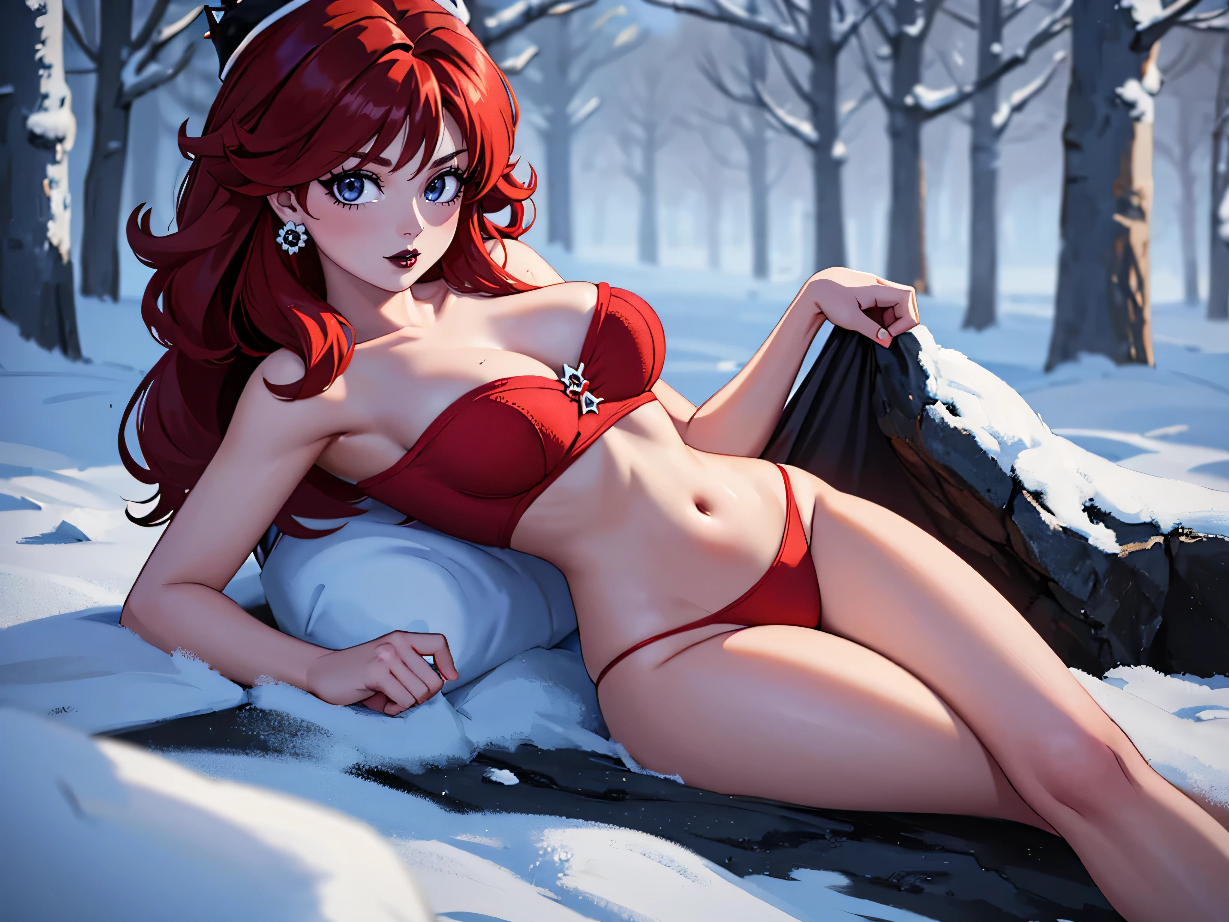 ((high detailed, best quality, 4k, masterpiece, hd:1.3)), ((best quality)), (((HD))), (((8k))), (ultraDH), (ultra HD), Snowy Forest background, snowflake pattern, frozen forest, a full-length shot of Princess Daisy lying on the snow on the floor, in the winter mountain, neon blue eyes, BREAK blue eyes, seductive, attractive, shy_smile, smooth anime cg art, 36C_breasts, cleavage, long legs, vivid colors, detailed digital art, slim body, perfect skin, dark red hair, long red hair, dark hair, red hair, wet hair, wet red hair, wet_dark_red_hair, BREAK crown, looking at viewer, BREAK looking at viewer, extremely detailed face, using only a red_santa_claus_lingerie, using only a red_santa_lingerie, santa claus lingerie, santa lingerie, sexy_mini_red_thong, sexy_mini_red_gstring_thong, earrings, gem, (red high heels), dark black makeup lips, dark gothic eyeshadows, dark eyeshadows, black eyeshadows, black sexy lips, black lips, (dark:1.2), dark lips, very dark lips, (perfect_hands), (perfect_anatomy), black makeup, black medium lips, detailed_fingers, five_fingers_per_hand, 5_fingers, five_fingers, (1 girl), ((1 solo girl)), detailed_lips, detailed black lips, black painted lips, gothic painted lips, (off shoulder:1.1),