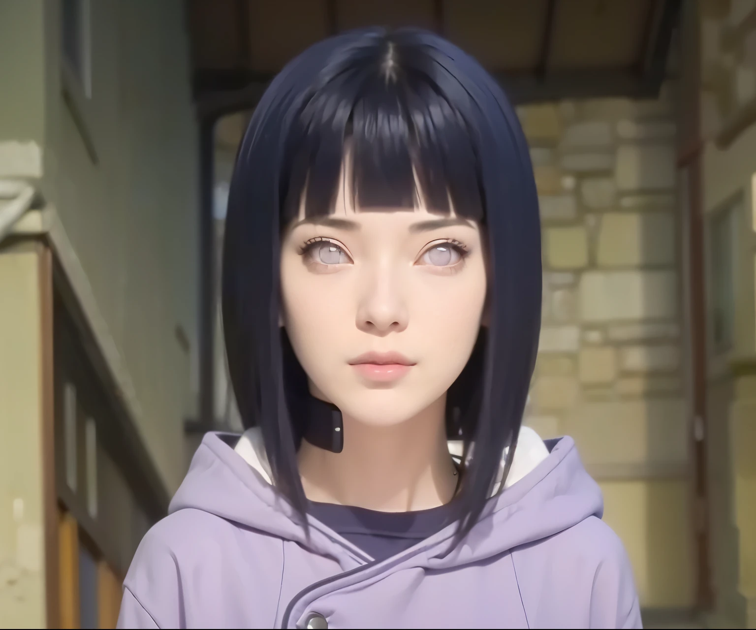 (RAW Photo:1,2), (masterpiece:1,3), hinata\(boruto), 1girl, solo, young female, (best quality:1,4), ultra high resolution, 8k, top quality, (realistic, photo-realistic:1.37), ultra-detailed, best quality, ultra-high resolution, professional lighting, physically-based rendering, sharp focus, good composition, (bokeh:1.2), (full body), outdoors, looking at viewer, perfect composition, detailed lips, big breast, beautiful face, body propotion, blush, (pink lips), ((long hair)), (purple eyes), soft gaze, sad smile, super realistic, detailed, photoshoot, realistic face and body, realistic hair, realistic eyes, realistic nose, realistic lips, (((dark blue hair))), 25 years old girl,