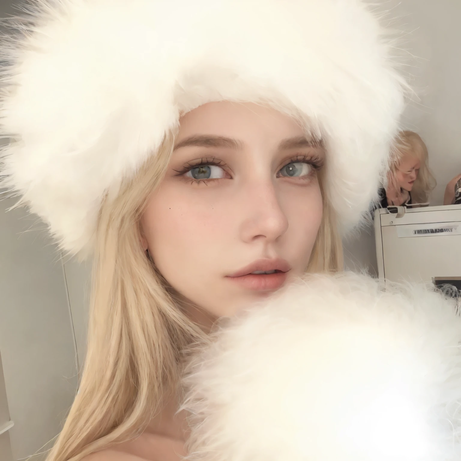 blond woman wearing a Pelo branco hat and a Pelo branco stole, Pelo branco, with white Pelo Fofo, Yelena Belova, Anna Nikonova aka Newmilky, Anastasia Ovchinnikova, Taran Dasha, fluffy Pelo branco, Estilo de Julia Razumova, Angelina Stroganova, fluffy Pelo Fofo, orelhas de raposa branca, Pelo Fofo