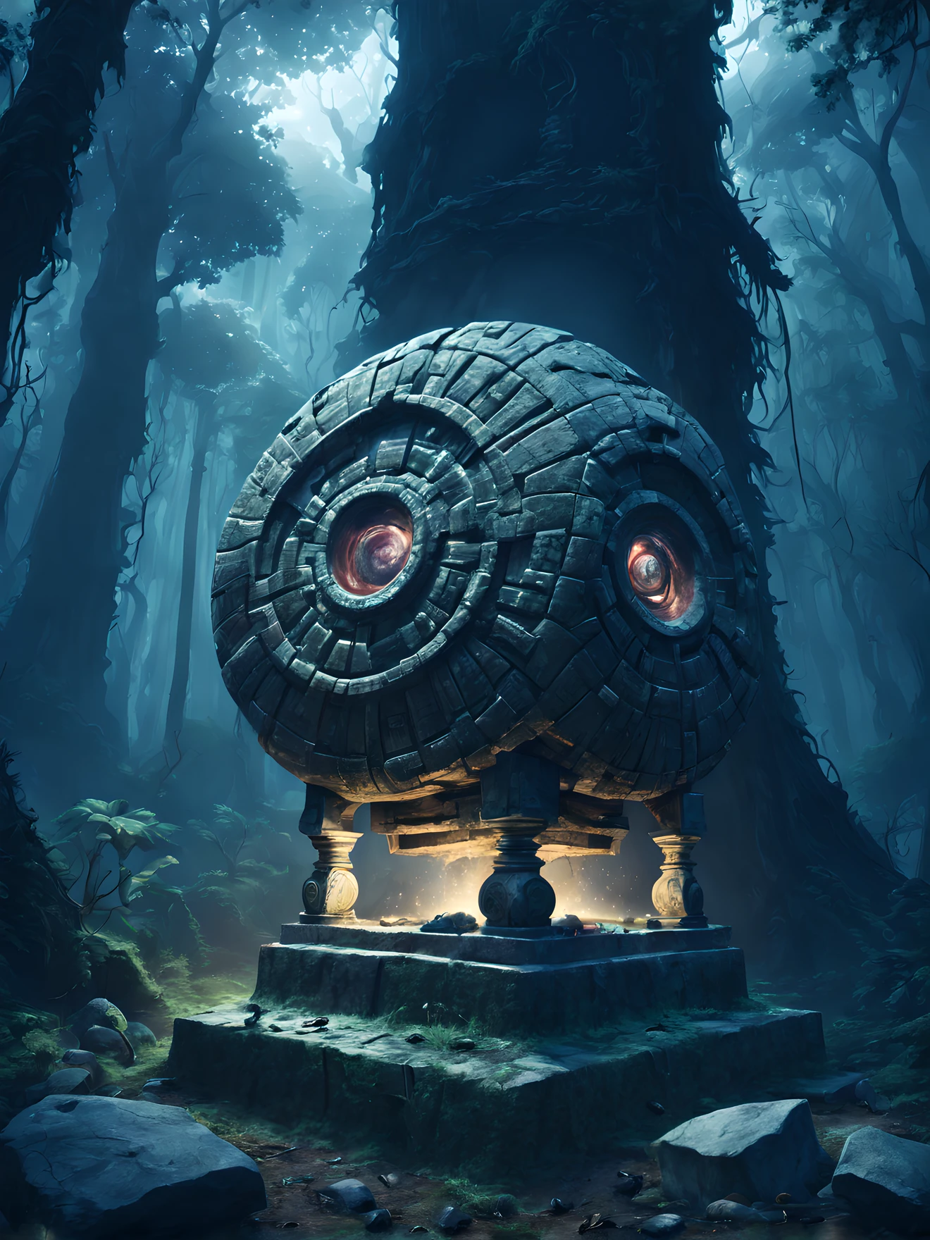 (Mysterious huge ancient ruins:1.5) in a deep forest, Glowing particles and small insects fly around,
