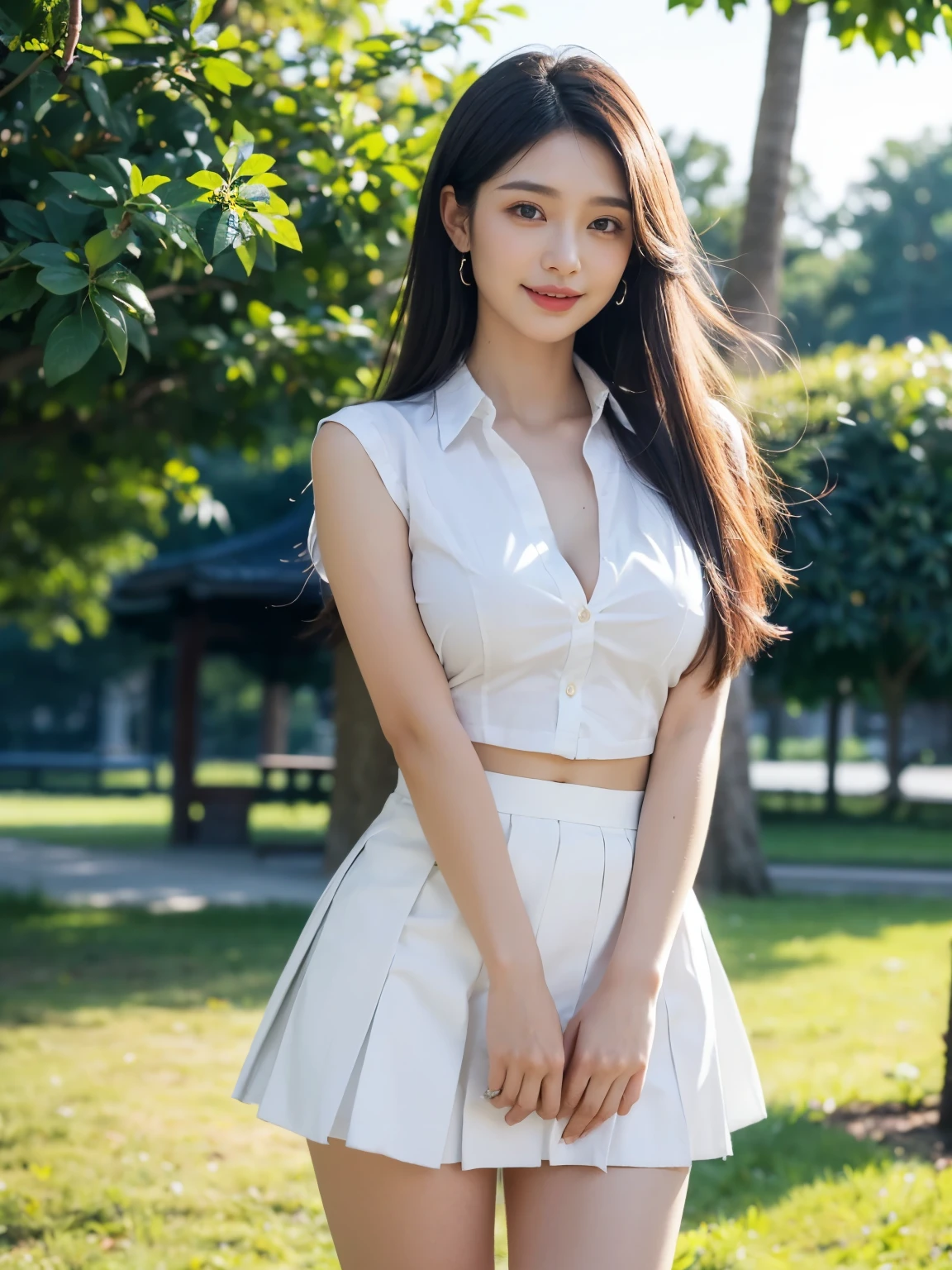 ((((top-quality))))、(((Ultra Precision CG16K Wallpapers)))、(((masterpiece)))、(((ultra-detailliert)))、(((Ultra-extreme details)))、1Man Woman、a matural female、a 25yo woman、((Japanese face))、((extremely beautiful face))、((sasaki nozomi:1.5))、((Straight semi-long hair:1.3))、(shinny hair)、Bangs up to the eyebrows、Beautiful brown hair、Beautiful delicate eyes、Brown eyes、raised eyebrows、lofty nose、small nostrils、small mouth、seductive lips、slightly open mouth、Beautiful breasts、C-cup size breasts、cleavage of the breast、Plump body、perfectly proportions、perfect anatomia、perfect-composition、beautiful detailed shading、Beautiful natural lighting、Beautiful detail glow、depth of fields、(((a high chroma)))、(((realisitic:1.9)))、((Vivid:1.4))、((Beautiful skin))、((Skin texture))、((realisiticな皮膚感))、(((Head-to-thigh shot:1.5)))、((Frontal angle:1.5))、((a smile:1.4))、(Eyes looking at me)、Bright sunshine、(((standing in park:1.5)))、(standing pose)、(((Wearing white open collar shirt:1.5)))、(((Navy blue pleated miniskirt:1.5)))、(((Windlift:1.5)))、strong breeze、