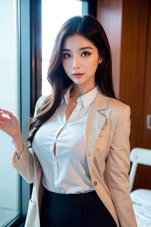 Realistic beauty doctor、Amazingly beautiful、 Doctor's white coat,, (quality、8K、32K、masterpiece、north african free trade area:1.3)、超高分辨率,(真实感:1.4),Original photography, 详细的脸,,beautiful hairl, ((Doctor style)), Clear buttoned shirt, Tight skirt、 natural makeup, , Plump、Inside the hospital, detailedbackground, perfect litthing, depth of fields, Beautiful shadow gradient,stethoscope , ((full bodyesbian捕捉)), full bodyesbian, pair, , Eyes looking at the camera, detailedeyes, pretty eyelack in color吊带丝袜，black in color